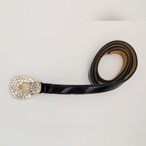 Women's Chic Thin Black Belt with Dazzling Crystal/Rhinestone Buckle